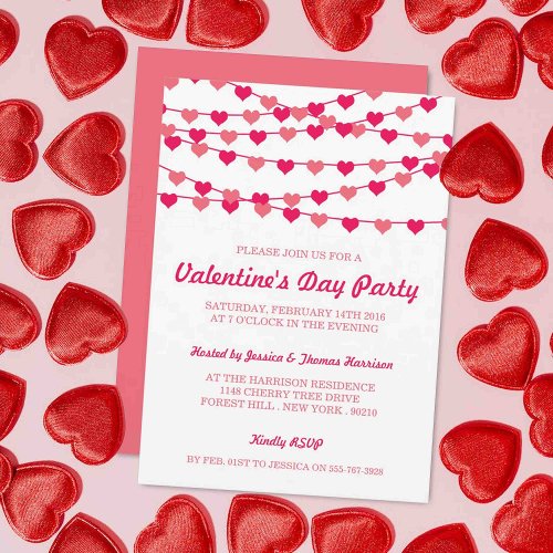Hanging String Love Hearts Valentines Day Party Invitation