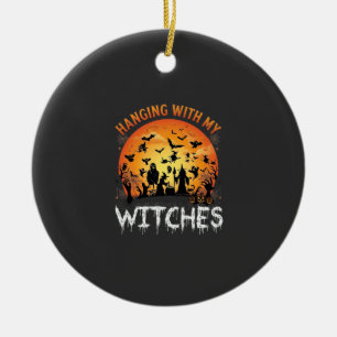 Hanging Witches Halloween Moon Bats Pumpkins_1 Ceramic Ornament