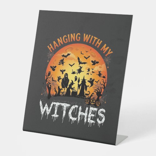 Hanging Witches Halloween Moon Bats Pumpkins_1 Pedestal Sign