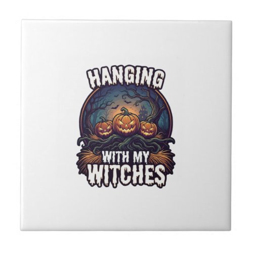 Hanging Witches Halloween Pumpkins Haunted Forest Ceramic Tile