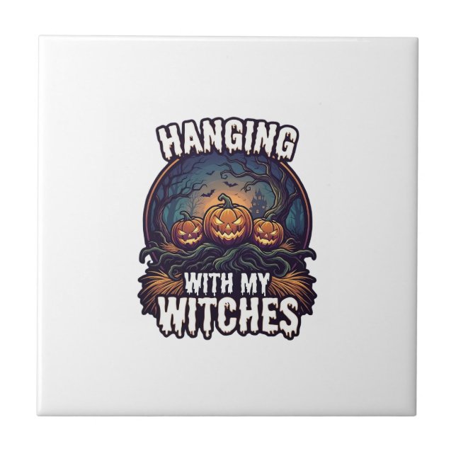 Hanging Witches Halloween Pumpkins Haunted Forest  Ceramic Tile (Front)