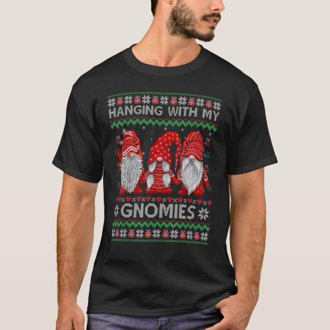 Hanging with Gnomies Plaid Red Ugly Christmas Swea T-Shirt (Front)