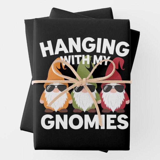 Hanging With My Gnomies Funny Garden Gnome Wrapping Paper Sheets (In situ)