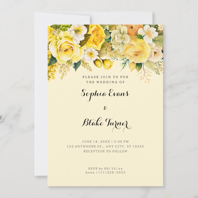 Hanging Yellow Flowers Yellow Garden Wedding Invitation (Front)