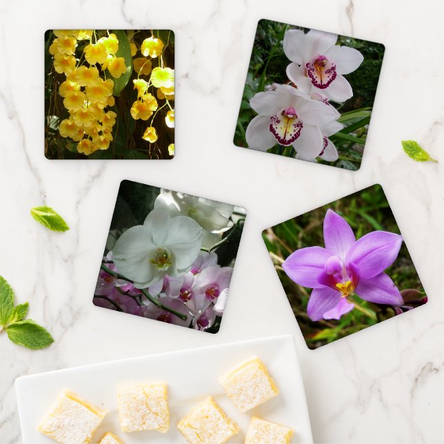Hanging Yellow Orchids Tropical Flowers Coaster Set (In Situ)