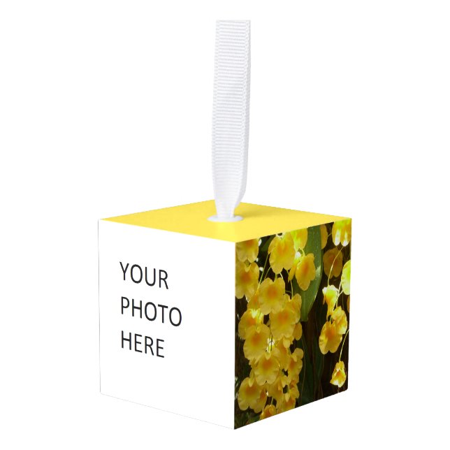 Hanging Yellow Orchids Tropical Flowers Cube Ornament (Front Angled)