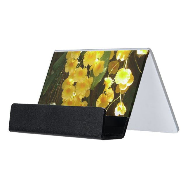 Hanging Yellow Orchids Tropical Flowers Desk Business Card Holder (Angled Front)