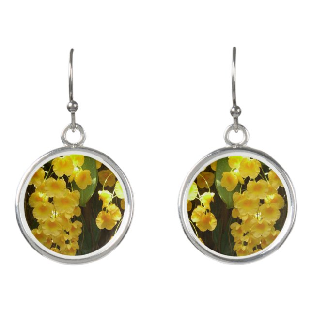 Hanging Yellow Orchids Tropical Flowers Earrings (Front)