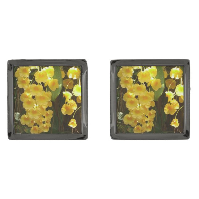 Hanging Yellow Orchids Tropical Flowers Gunmetal Finish Cufflinks (Front)