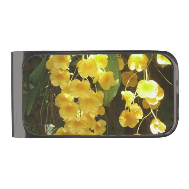 Hanging Yellow Orchids Tropical Flowers Gunmetal Finish Money Clip (Front)