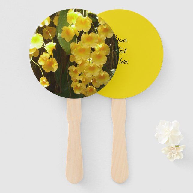 Hanging Yellow Orchids Tropical Flowers Hand Fan (Front and Back)