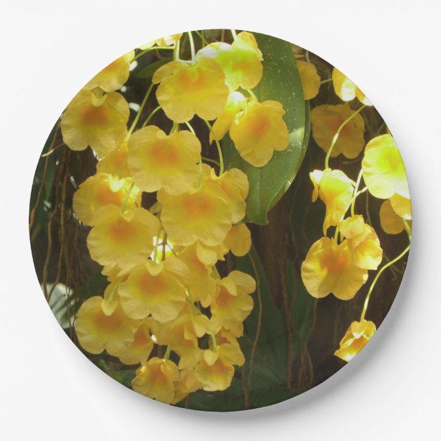 Hanging Yellow Orchids Tropical Flowers Paper Plates (Front)