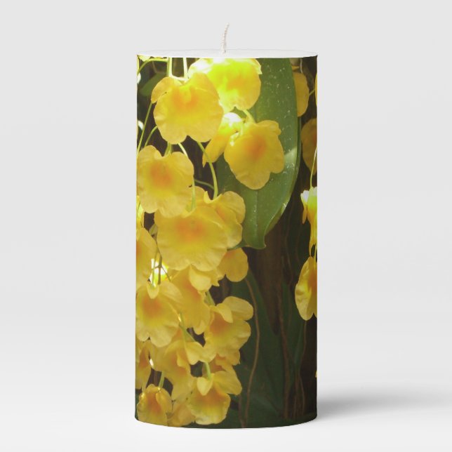 Hanging Yellow Orchids Tropical Flowers Pillar Candle (Front)
