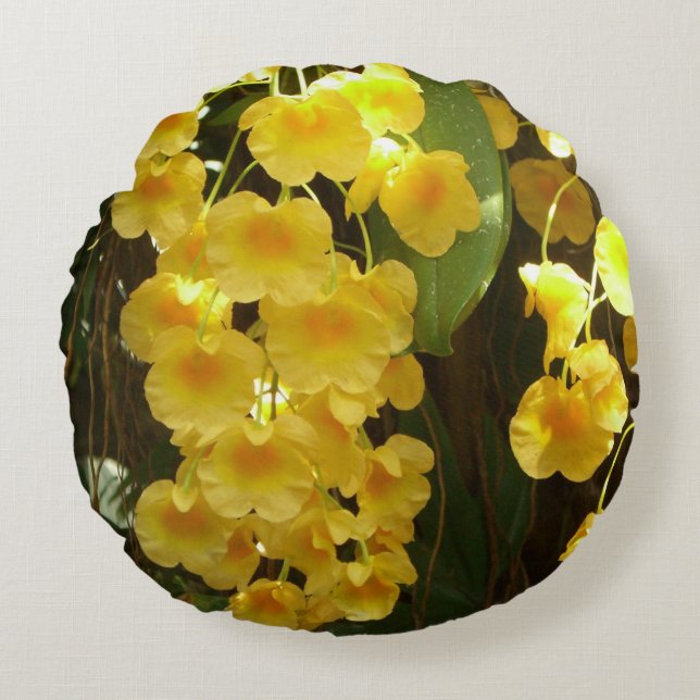 Hanging Yellow Orchids Tropical Flowers Round Pillow (Front)