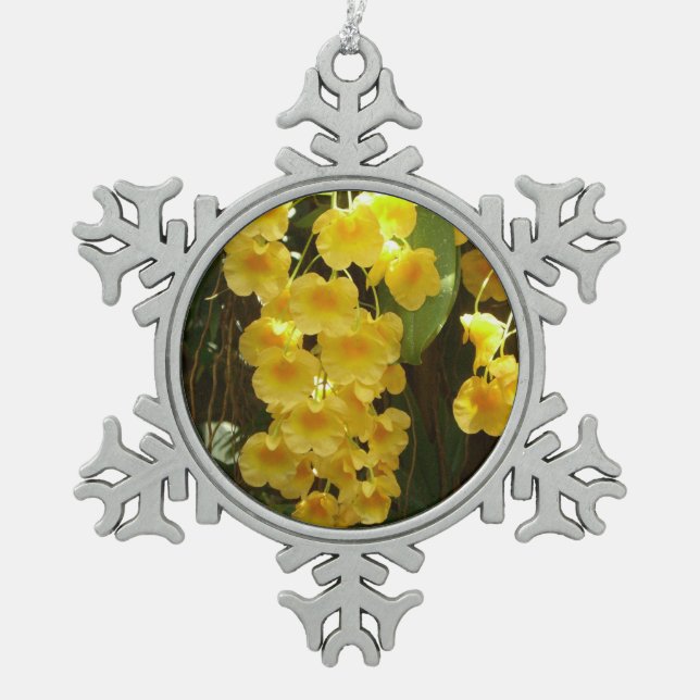 Hanging Yellow Orchids Tropical Flowers Snowflake Pewter Christmas Ornament (Front)