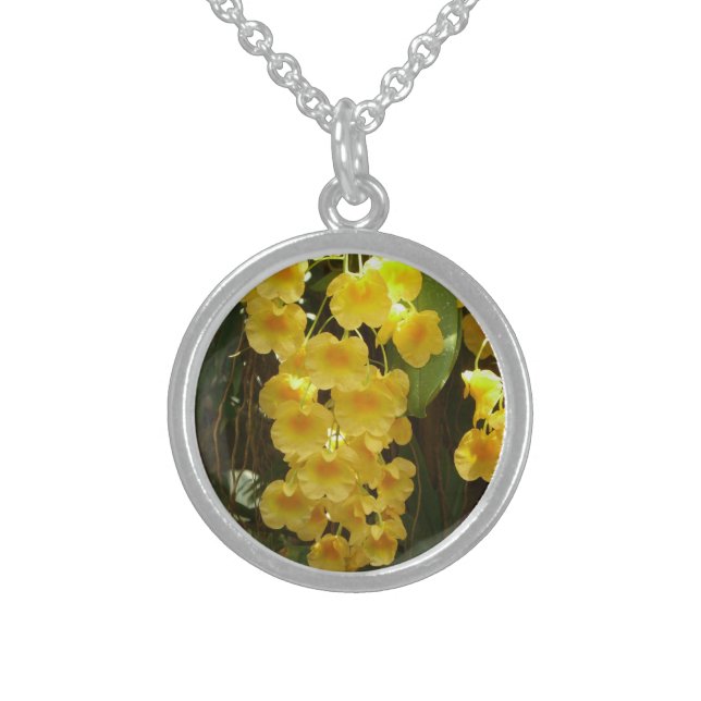 Hanging Yellow Orchids Tropical Flowers Sterling Silver Necklace (Front)
