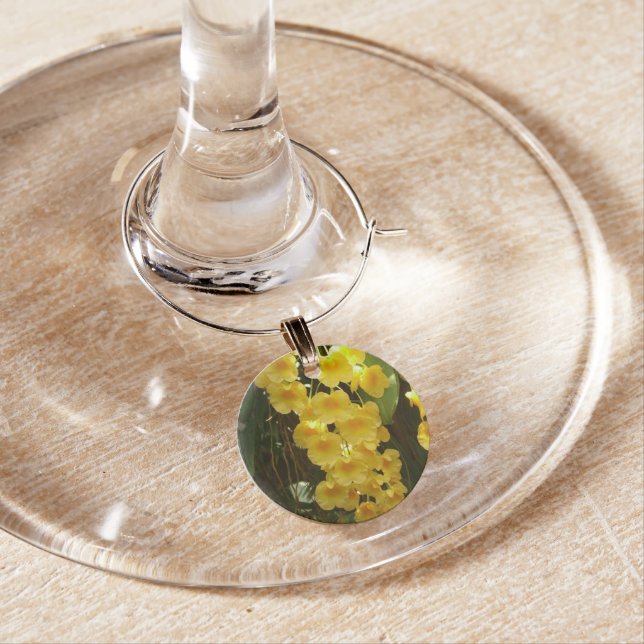 Hanging Yellow Orchids Tropical Flowers Wine Glass Charm (In Situ)