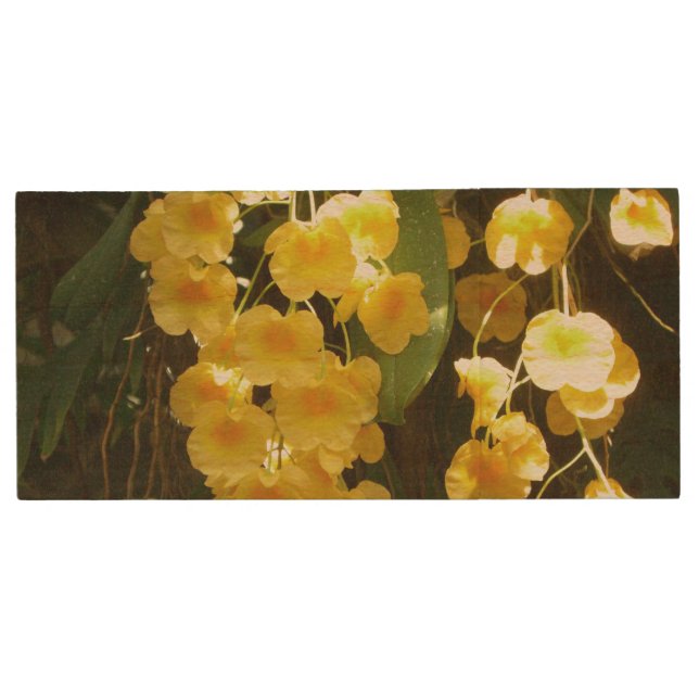 Hanging Yellow Orchids Tropical Flowers Wood Flash Drive (Front)