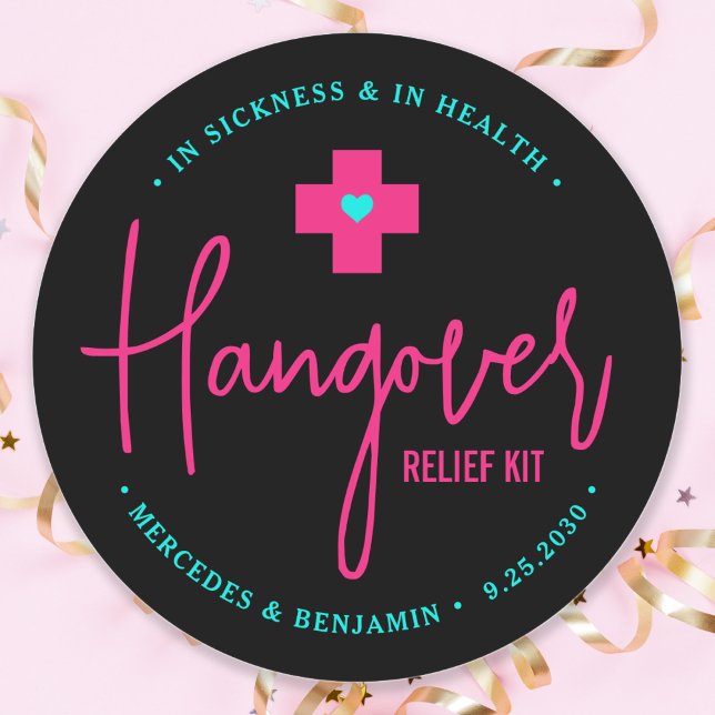 Hangover Relief Kit Hot Pink Teal Wedding Favor  Classic Round Sticker (Creator Uploaded)