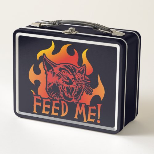 Hangry Cat Feed Me Roar Flames Metal Lunch Box