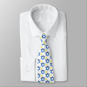 Hanikkah David Stars In Blue And Yellow Watercolor Neck Tie