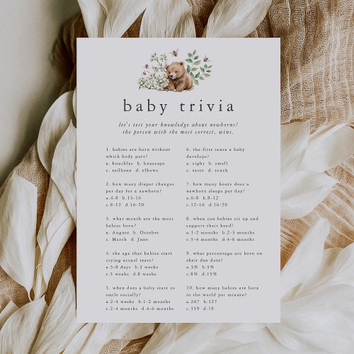 HANNAH Bear Woodland Baby Shower Trivia Game Card
