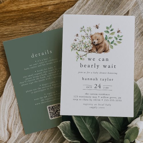 HANNAH QR We Can Bearly Wait Woodland Baby Shower Invitation