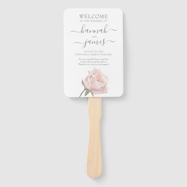Hannah | Romantic Blush Rose Calligraphy Hand Fan (Front)