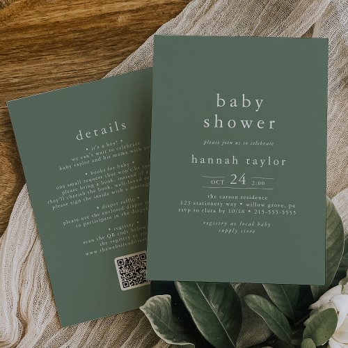 HANNAH Rustic Sage Green QR Simple Baby Shower Invitation