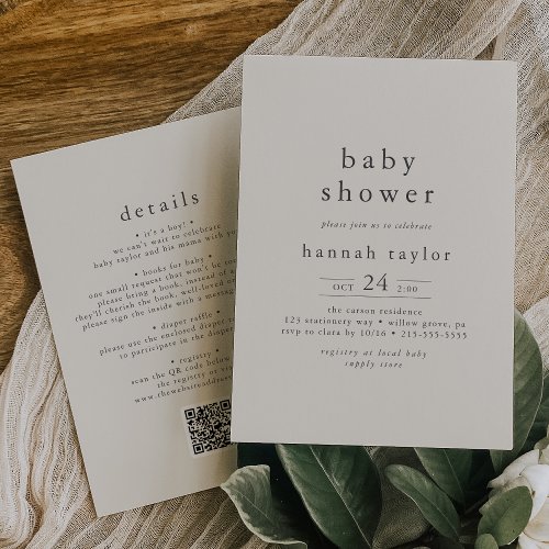 HANNAH Rustic Vintage Cream QR Simple Baby Shower Invitation