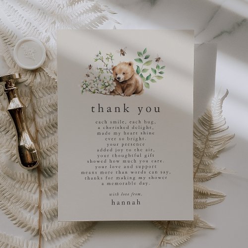 HANNAH Vintage Boho Bear Bee Woodland Baby Shower Thank You Card