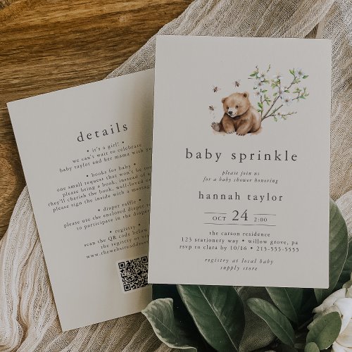 HANNAH Vintage QR Bear Bee Woodland Baby Sprinkle Invitation