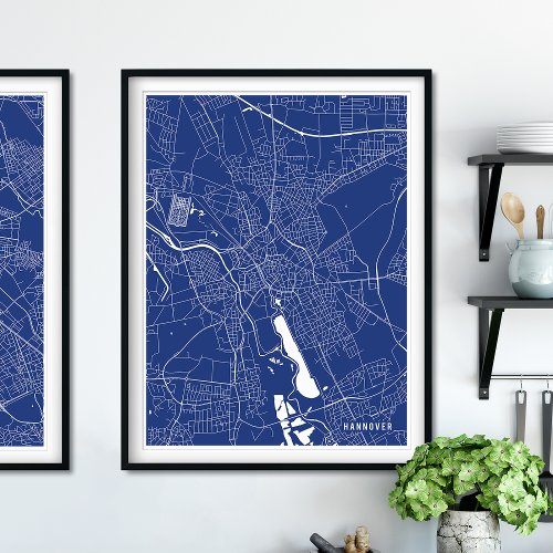 Hannover Map Navy Blue Modern Street Map Poster