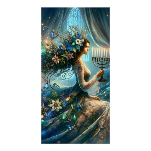 Hannukah Beautiful Woman with Menorah Poster (Front)