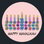 Hannukah Flower Menorah Classic Round Sticker<br><div class="desc">Graphic design of a flower Hannukah menorah.</div>
