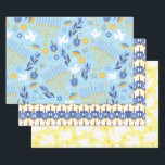 Hannukah Wrapping Paper Sheets<br><div class="desc">Featuring 3 large sheets of Hannukah themed designs,  including doves,  the wording Happy Hannukah and a mixed sheet contain images of the minorah,  doves,  dradels and more</div>