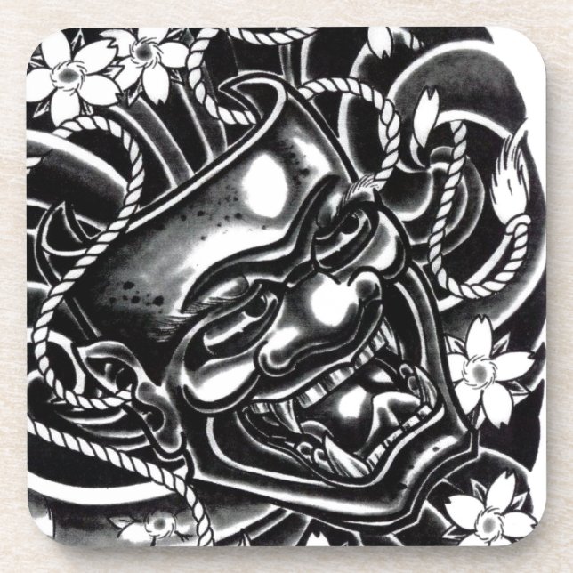 Hannya Mask Tattoo Design Beverage Coaster (Front)