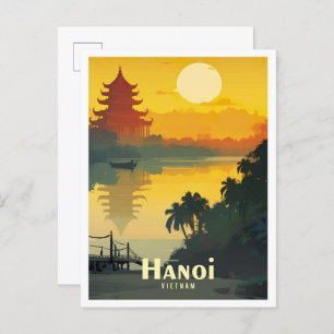 Hanoi Vietnam Art Vintage Travel Illustration Postcard