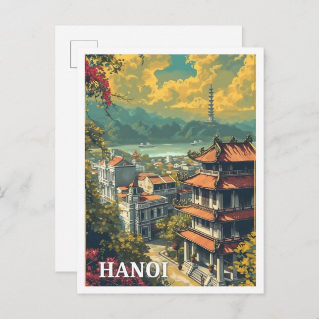 Hanoi Vietnam Vintage Art Travel Illustration Postcard (Front/Back)