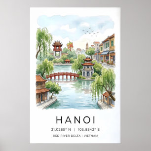 Hanoi Watercolor Print, Red Arched Bridge, Lake Poster