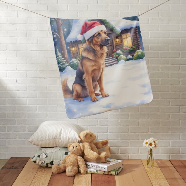 Hanoverian Scenthound Snowy Forest Cabin Santa Hat Baby Blanket (In Situ)