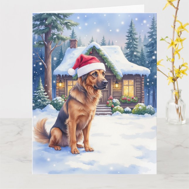 Hanoverian Scenthound Snowy Forest Cabin Santa Hat Card (Yellow Flower)