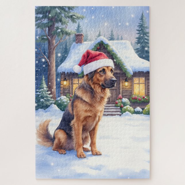 Hanoverian Scenthound Snowy Forest Cabin Santa Hat Jigsaw Puzzle (Vertical)