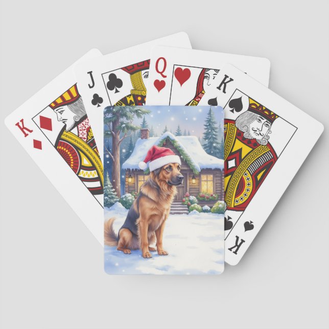 Hanoverian Scenthound Snowy Forest Cabin Santa Hat Poker Cards (Back)