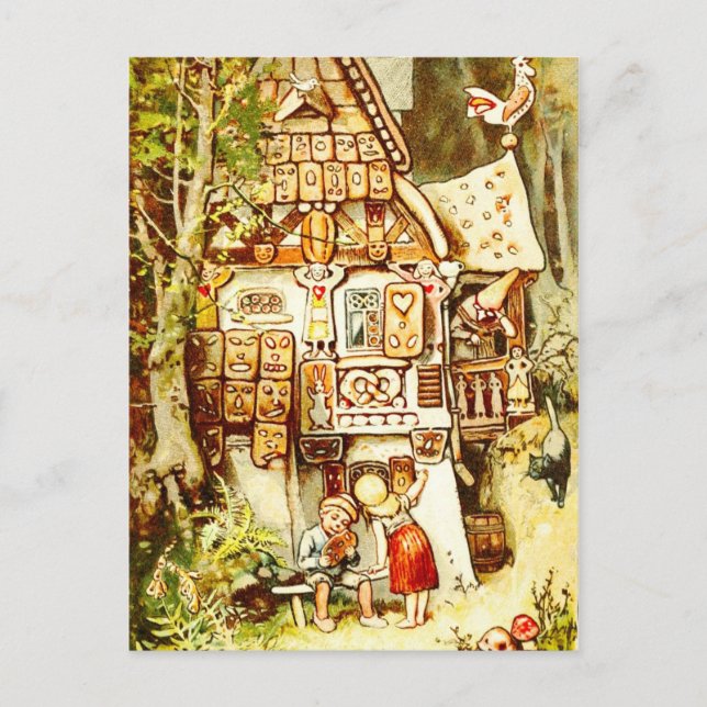 Hansel and Gretel at the Gingerbread Cottage Postcard (Front)
