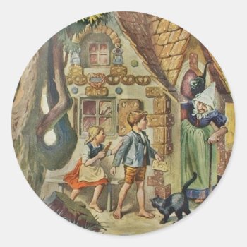 Hansel And Gretel At The Witch Cottage Classic Round Sticker by dmorganajonz at Zazzle