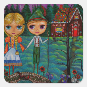 Hansel and Gretel Dolls and the Gingerbread House Square Sticker