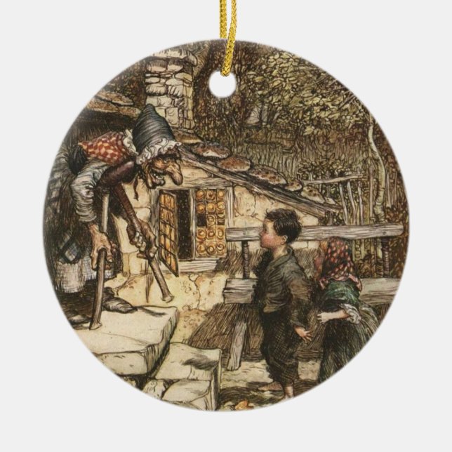 Hansel and Gretel Meet the Witch Ceramic Ornament (Front)