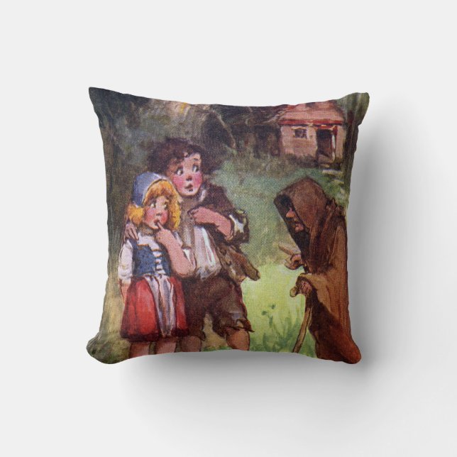 Hansel and Gretel Meet the Witch Throw Pillow (Front)