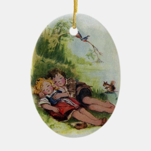 Hansel and Gretel Sleeping in the Woods Ceramic Ornament